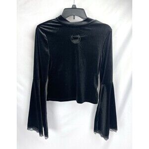 Romwe Top Women Small Black Velvet Moon Bell Sleeve Whimsygoth Goth Fairy Grunge